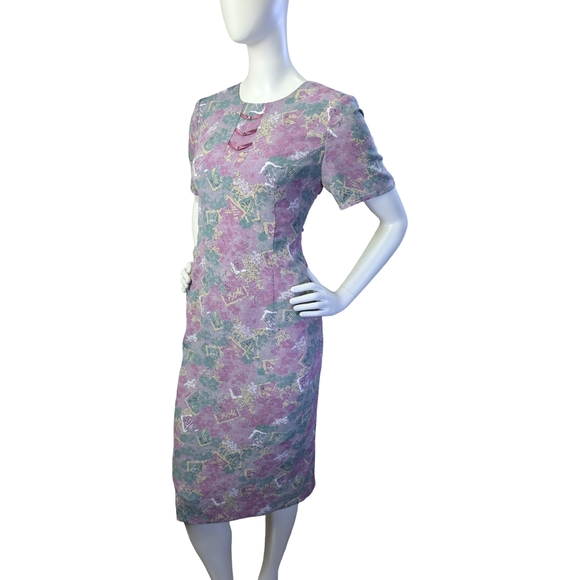 Vintage 90s Abstract Pastel Print Sheath Dress with Button Detail, Size Medium - Picture 2 of 8